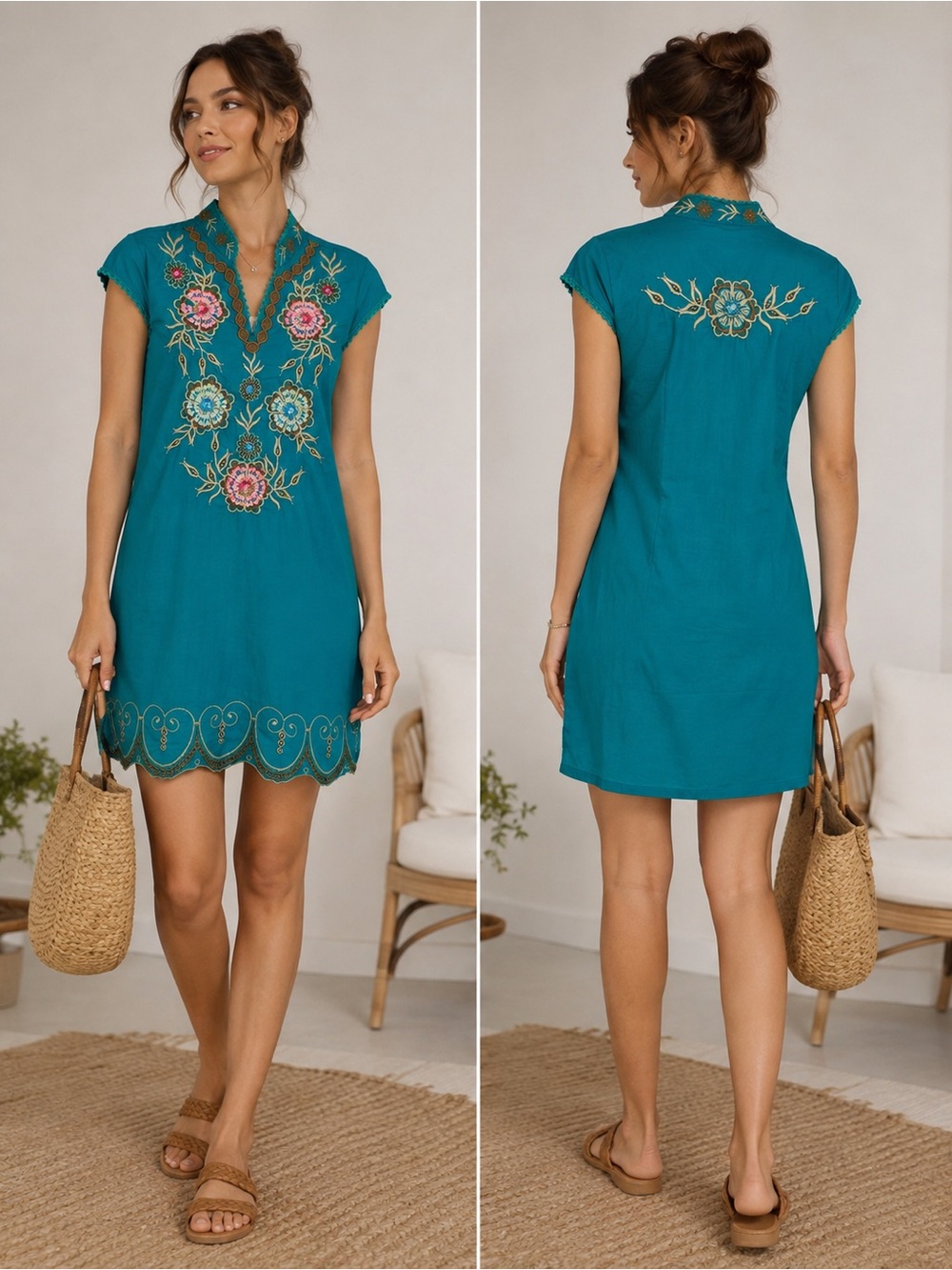 Women’s Size 4 Teal Embroidered Cotton Blend Linen Dress Boho Floral Size 4